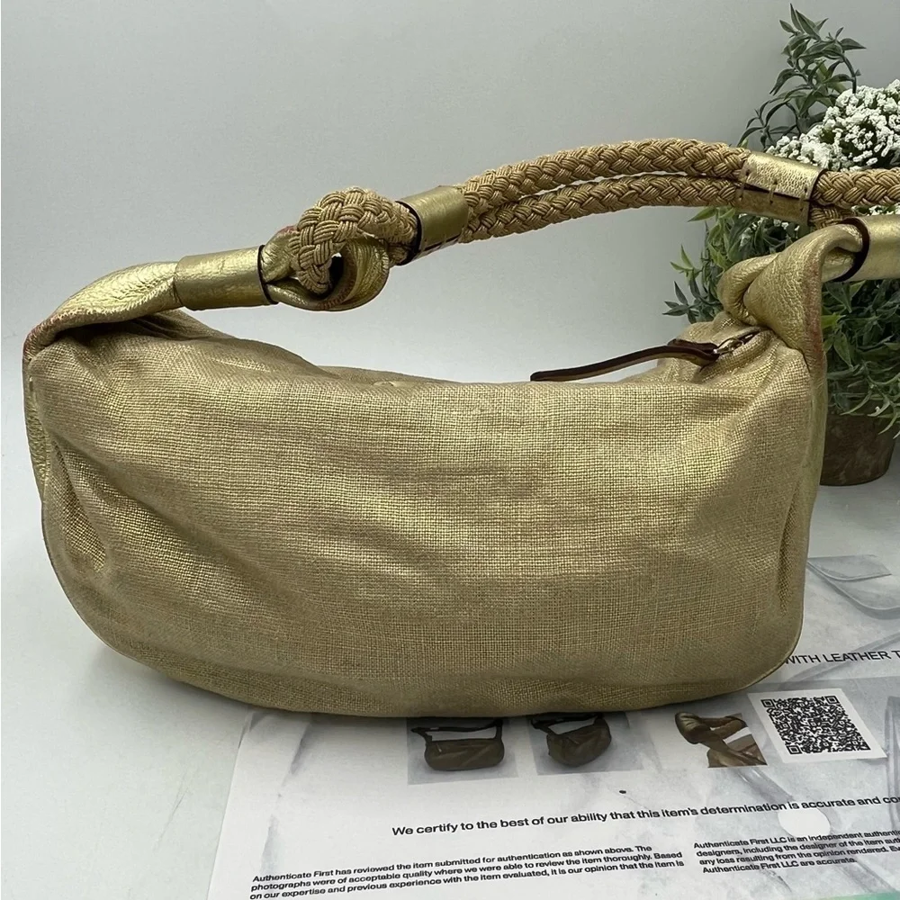 Authenticated Kate Spade Gold Metallic Glitter Canvas Leather Gabi Avalon Hobo‎